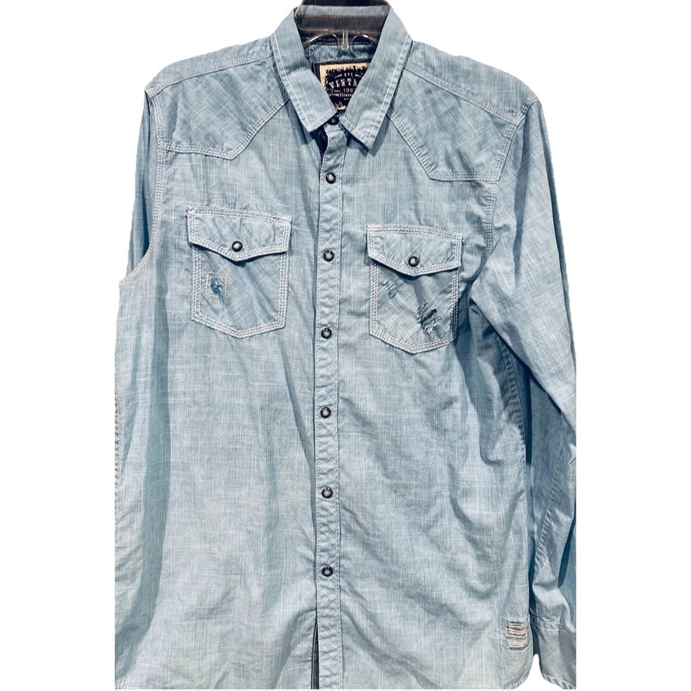 BKE Buckle Vintage Standard Fit Pearl Snap Blue Long Sleeve Med